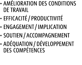 • Am lioration des conditions de travail • Efficacit / productivit  • Engagement / implication • Soutien / accompagn...
