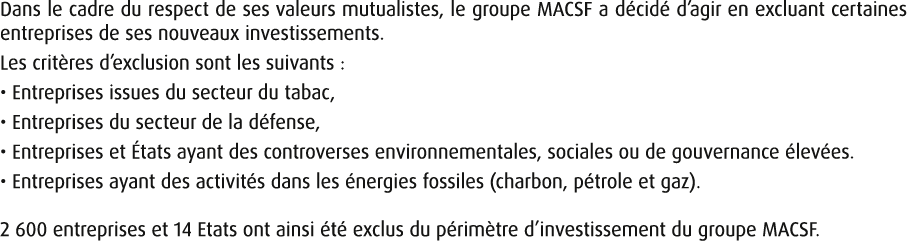 Dans le cadre du respect de ses valeurs mutualistes, le groupe MACSF a d cid d’agir en excluant certaines entreprise...