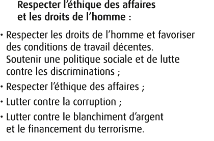 Respecter l’ thique des affaires et les droits de l’homme : • Respecter les droits de l’homme et favoriser des condit...
