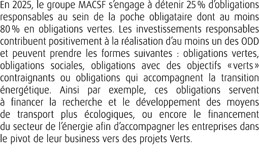 En 2025, le groupe MACSF s’engage  d tenir 25 % d’obligations responsables au sein de la poche obligataire dont au m...