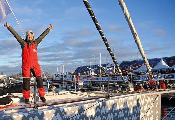 LES SABLES D’OLONNE, FRANCE - FEBRUARY 04, 2025 : MACSF skipper Isabelle Joschke (GER-FRA) is celebrating after taking 19th place in the Vendee Globe, on February 04, 2025 in Les Sables d'Olonne, France - (Photo by Vincent Curutchet / Alea)
