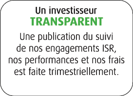 Un investisseur transparent Une publication du suivi de nos engagements ISR, nos performances et nos frais est faite ...