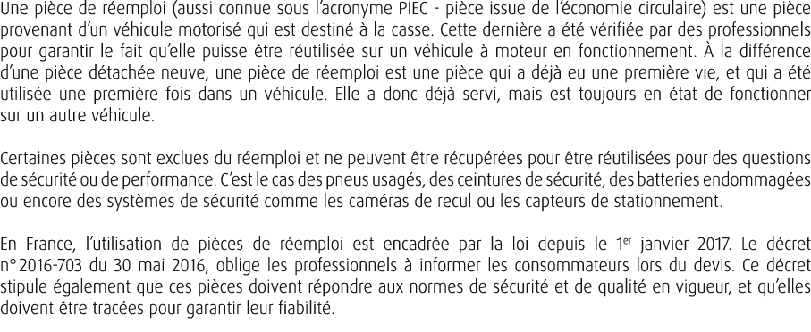 Une pi ce de r emploi (aussi connue sous l’acronyme PIEC pi ce issue de l’ conomie circulaire) est une pi ce provenan...
