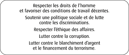Respecter les droits de l’homme et favoriser des conditions de travail d centes. Soutenir une politique sociale et de...