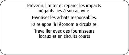 Pr venir, limiter et r parer les impacts n gatifs li s  son activit . Favoriser les achats responsables. Faire appel...