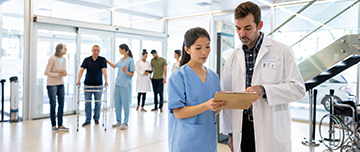 Un médecin regarde le dossier d'un patient avec une infirmière à l'hôpital - MACSF