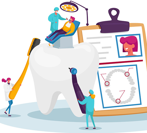 Illustration de plusieurs personnages autour d'une dent - MACSF