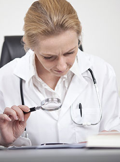 Une femme médecin observe un document à la loupe - MACSF