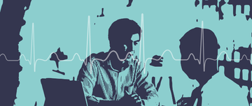 Illustration de deux professionnels de santé en blouse échangeant dans un environnement médical, avec un tracé de monitoring cardiaque en arrière-plan - MACSF