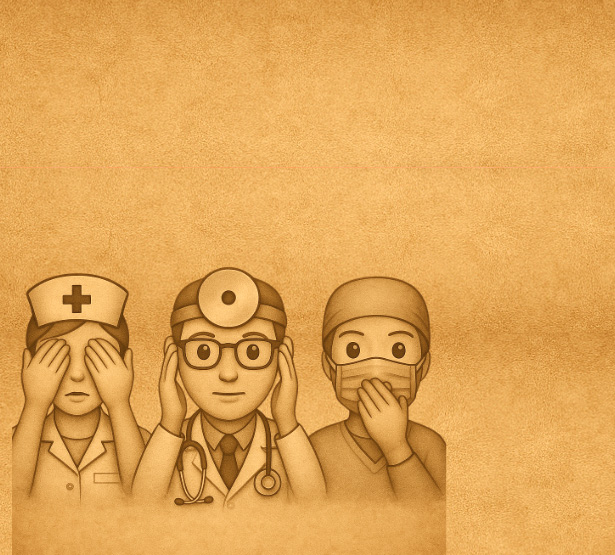 Illustration de 3 professionnels de santé représentant les singes de la sagesse sur fond brun- MACSF