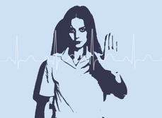 Illustration d’une professionnelle de santé en blouse, avec un tracé de monitoring cardiaque en arrière-plan - MACSF