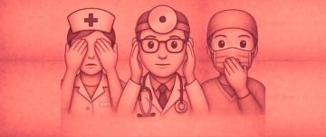 Illustration de 3 professionnels de santé représentant les singes de la sagesse sur fond rouge - MACSF