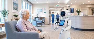 Un robot en forme d'humain affiche une tablette sur son buste et se tient devant une dame agée assise dans la salon de la maison de retraite - MACSF