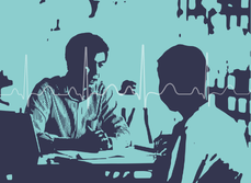 Illustration de deux professionnels de santé en blouse échangeant dans un environnement médical, avec un tracé de monitoring cardiaque en arrière-plan - MACSF