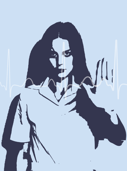 Illustration d’une professionnelle de santé en blouse, avec un tracé de monitoring cardiaque en arrière-plan - MACSF