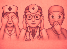 Illustration de 3 professionnels de santé représentant les singes de la sagesse sur fond rouge - MACSF