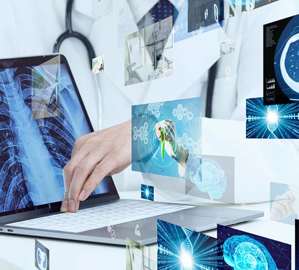 Professionnel de santé utilisant un ordinateur affichant des images médicales numériques et des visualisations d’intelligence artificielle - MACSF