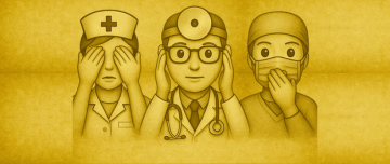 Illustration de 3 professionnels de santé représentant les singes de la sagesse sur fond jaune - MACSF