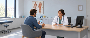 Un médecin échange avec un patient assis en face de lui, qui lui présente des informations sur son téléphone - MACSF