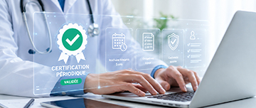 Un médecin pianote sur son pc portable avec une incrustation en filigrane - MACSF