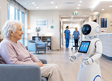 Un robot en forme d'humain affiche une tablette sur son buste et se tient devant une dame agée assise dans la salon de la maison de retraite - MACSF