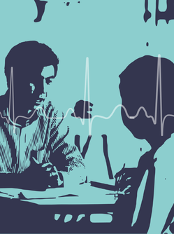 Illustration de deux professionnels de santé en blouse échangeant dans un environnement médical, avec un tracé de monitoring cardiaque en arrière-plan - MACSF