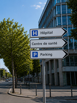 Un milieu urbain dans lequel se trouve un panneau de signalisation qui pointe vers des établissements de santé - MACSF
