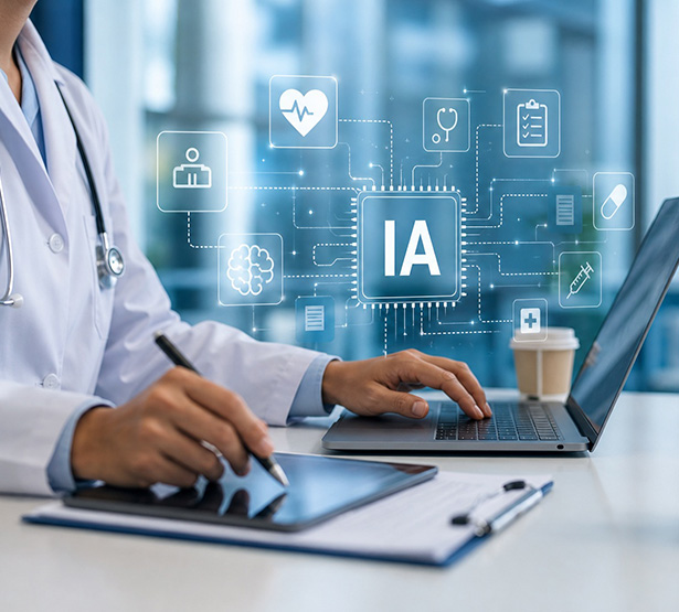 Professionnel de santé utilisant un ordinateur et une tablette avec interface d’intelligence artificielle en surimpression - MACSF