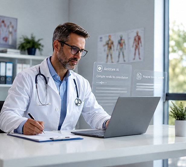 Un médecin à son bureau rédige un compte rendu avec l'aide de l'IA - MACSF