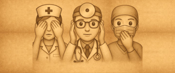Illustration de 3 professionnels de santé représentant les singes de la sagesse sur fond brun- MACSF