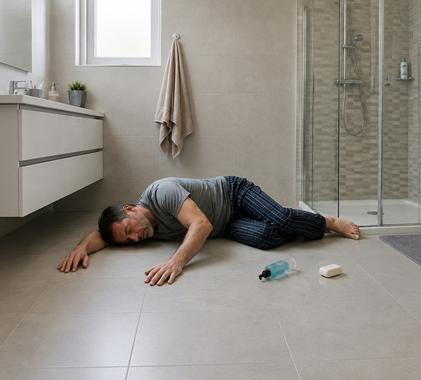 Un homme allongé au sol dans sa salle de bain après une chute - MACSF