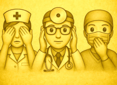 Illustration de 3 professionnels de santé représentant les singes de la sagesse sur fond jaune - MACSF