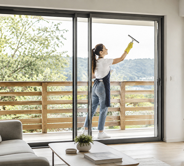 Une employée de maison fait les carreaux d'une baie vitrée depuis un balcon avec une balustrade en bois - MACSF