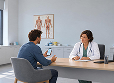 Un médecin échange avec un patient assis en face de lui, qui lui présente des informations sur son téléphone - MACSF