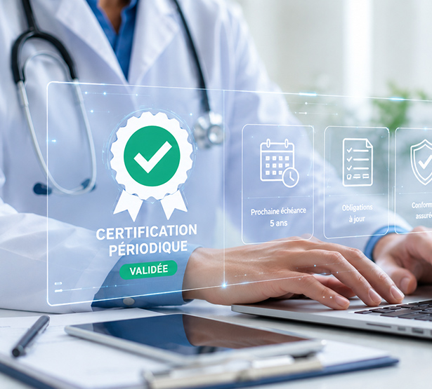 Un médecin pianote sur son pc portable avec une incrustation en filigrane - MACSF