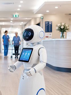 Un robot en forme d'humain affiche une tablette sur son buste et se tient devant une dame agée assise dans la salon de la maison de retraite - MACSF