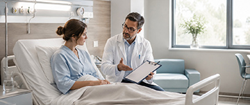 Un médecin discute avec sa patiente alitée et lui présente un document - MACSF