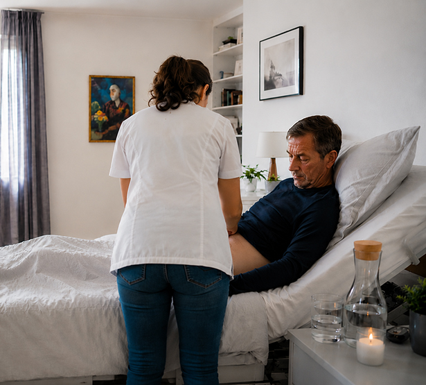 Une infirmière intervient au domicile d'un patient alité et examine son ventre - MACSF