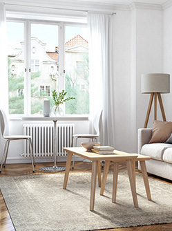 Intérieur moderne d'un salon dans les tons blanc et beige - MACSF