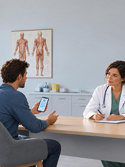 Un médecin échange avec un patient assis en face de lui, qui lui présente des informations sur son téléphone - MACSF