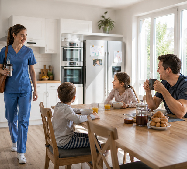 Une professionnelle de santé en famille avant de partir au travail - MACSF