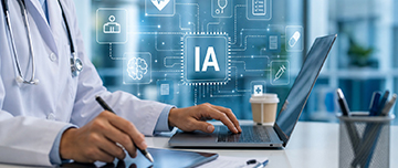 Professionnel de santé utilisant un ordinateur et une tablette avec interface d’intelligence artificielle en surimpression - MACSF