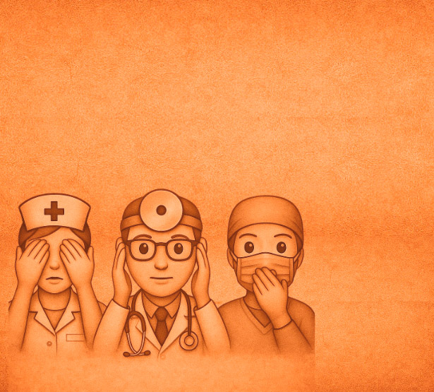 Illustration de 3 professionnels de santé représentant les singes de la sagesse sur fond orange - MACSF