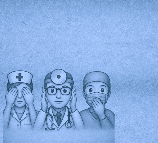 Illustration de 3 professionnels de santé représentant les singes de la sagesse sur fond bleu - MACSF