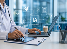 Professionnel de santé utilisant un ordinateur et une tablette avec interface d’intelligence artificielle en surimpression - MACSF