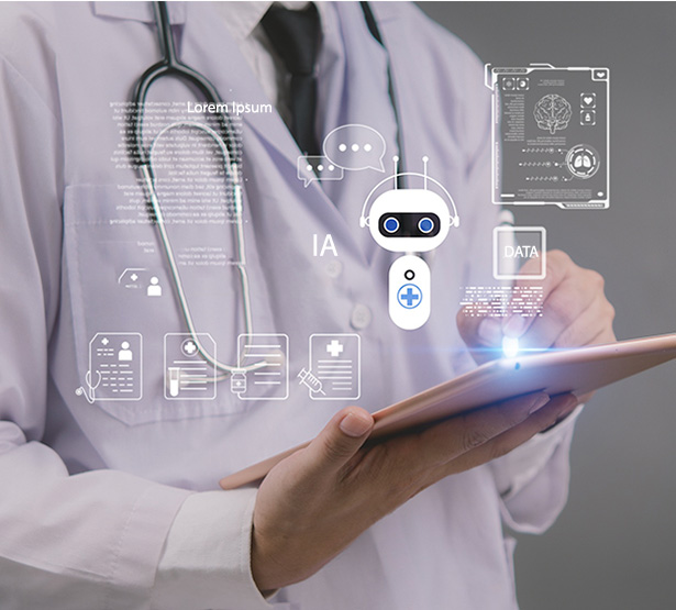 Un professionnel de santé utilise une tablette affichant des icônes numériques et d’intelligence artificielle liées à la médecine - MACSF