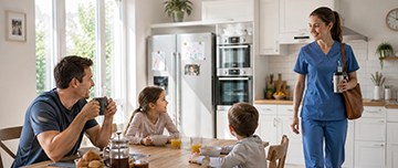 Une professionnelle de santé en famille avant de partir au travail - MACSF