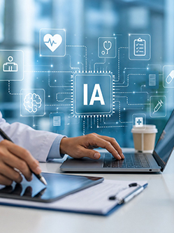 Professionnel de santé utilisant un ordinateur et une tablette avec interface d’intelligence artificielle en surimpression - MACSF