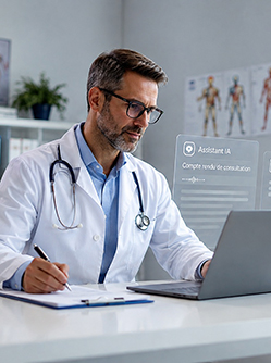 Un médecin à son bureau rédige un compte rendu avec l'aide de l'IA - MACSF