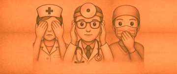 Illustration de 3 professionnels de santé représentant les singes de la sagesse sur fond orange - MACSF